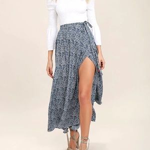 Lulu’s Tempest Navy Blue Print Wrap Maxi Skirt